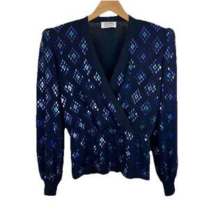 St. John Vintage 80s Sequin Peplum Sweater Womens Size 4 Padded Shoulders
